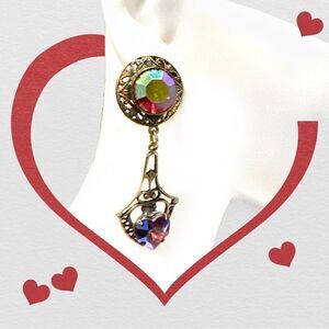 Banana Bob Red AB crystal heart dangle Edwardian pierced earrings ox gold